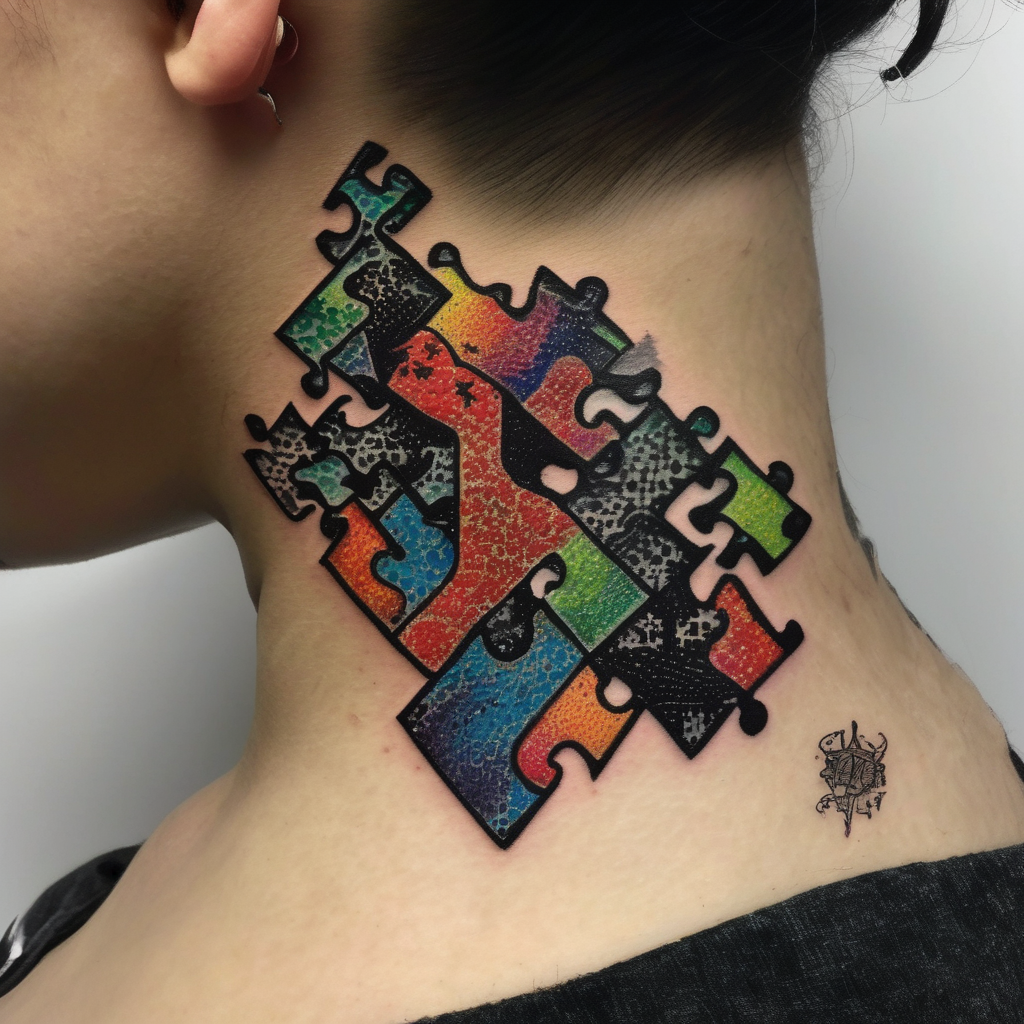 side of the neck puzzle piece tattoo where one of the pieces says Rella half sleeve tattoos for men, diseño de tatuaje Dotwork generado con IA